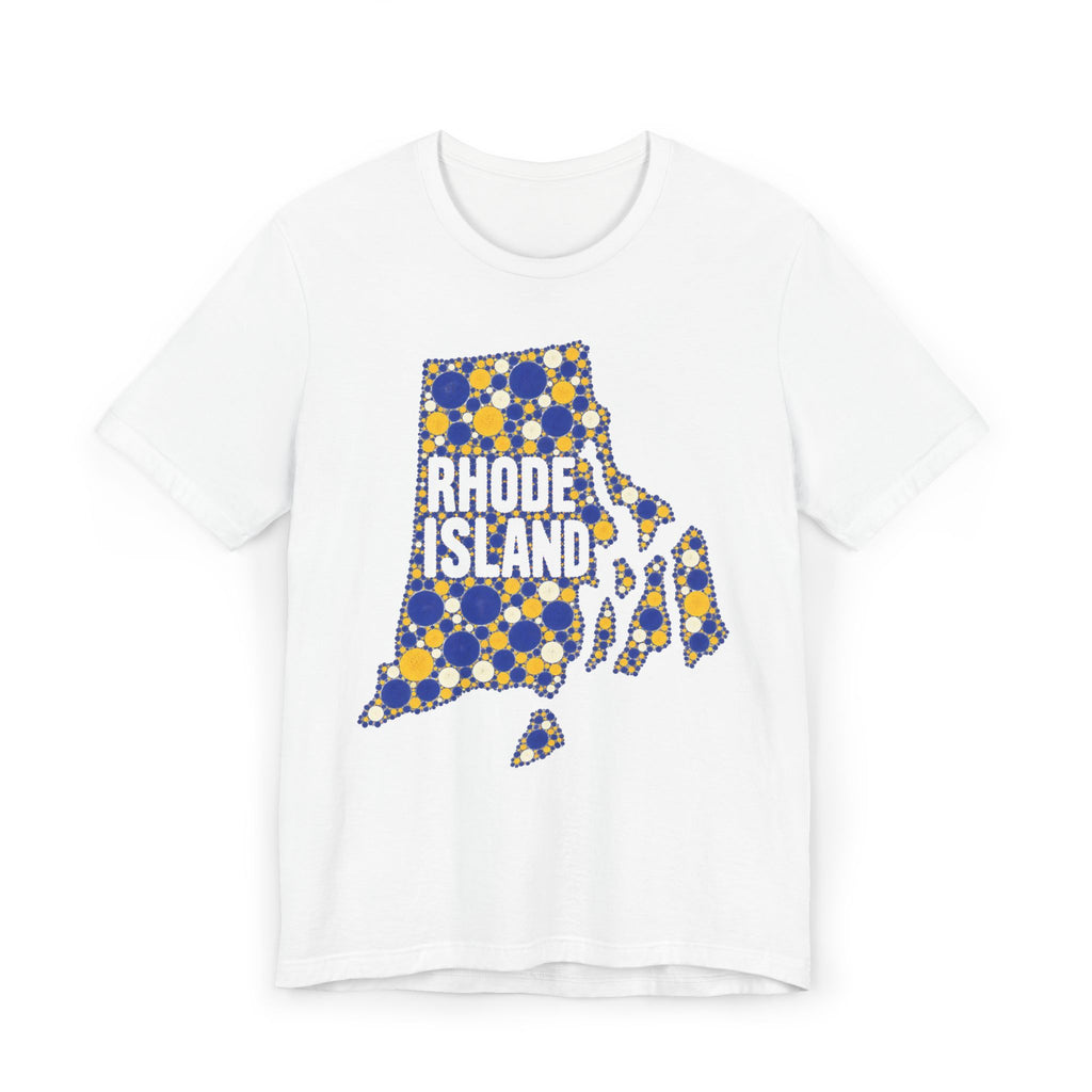 White t-shirt with blue and yellow polka-dot Rhode Island outline graphic
