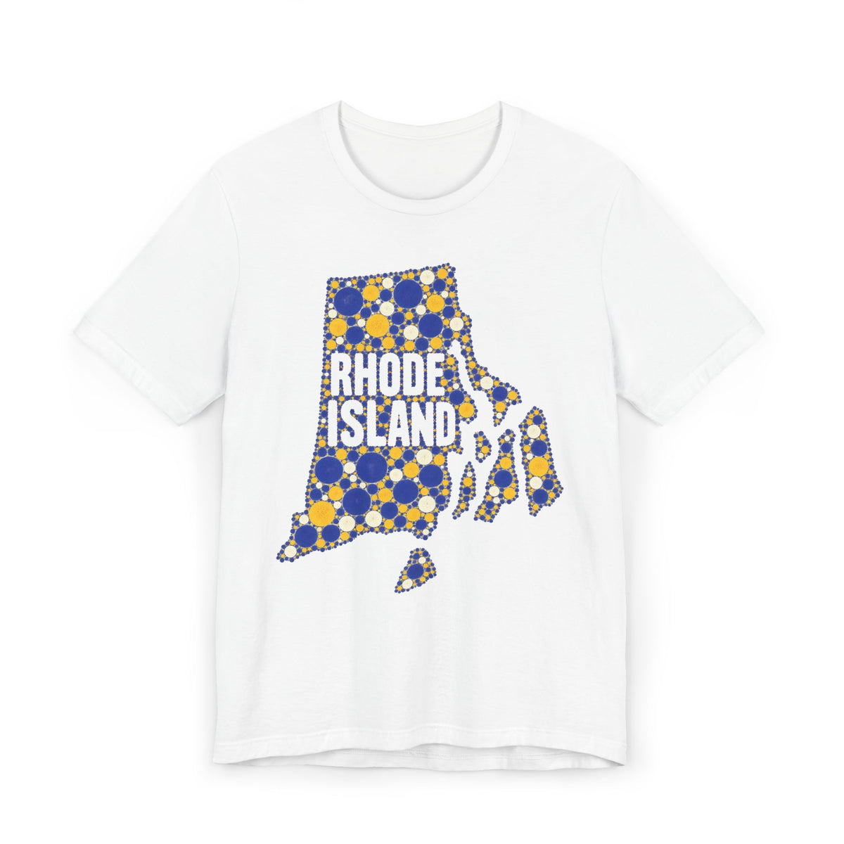 White t-shirt with blue and yellow polka-dot Rhode Island outline graphic