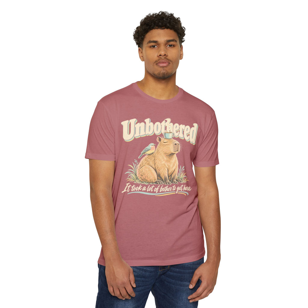 Dusty rose crewneck graphic t-shirt with capybara and coffee-themed text