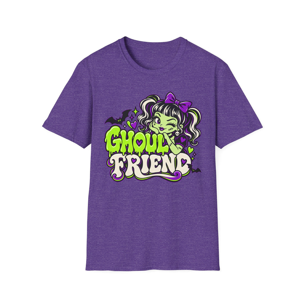 Heather purple Halloween graphic t-shirt with cute monster girl “Ghoul Friend” logo