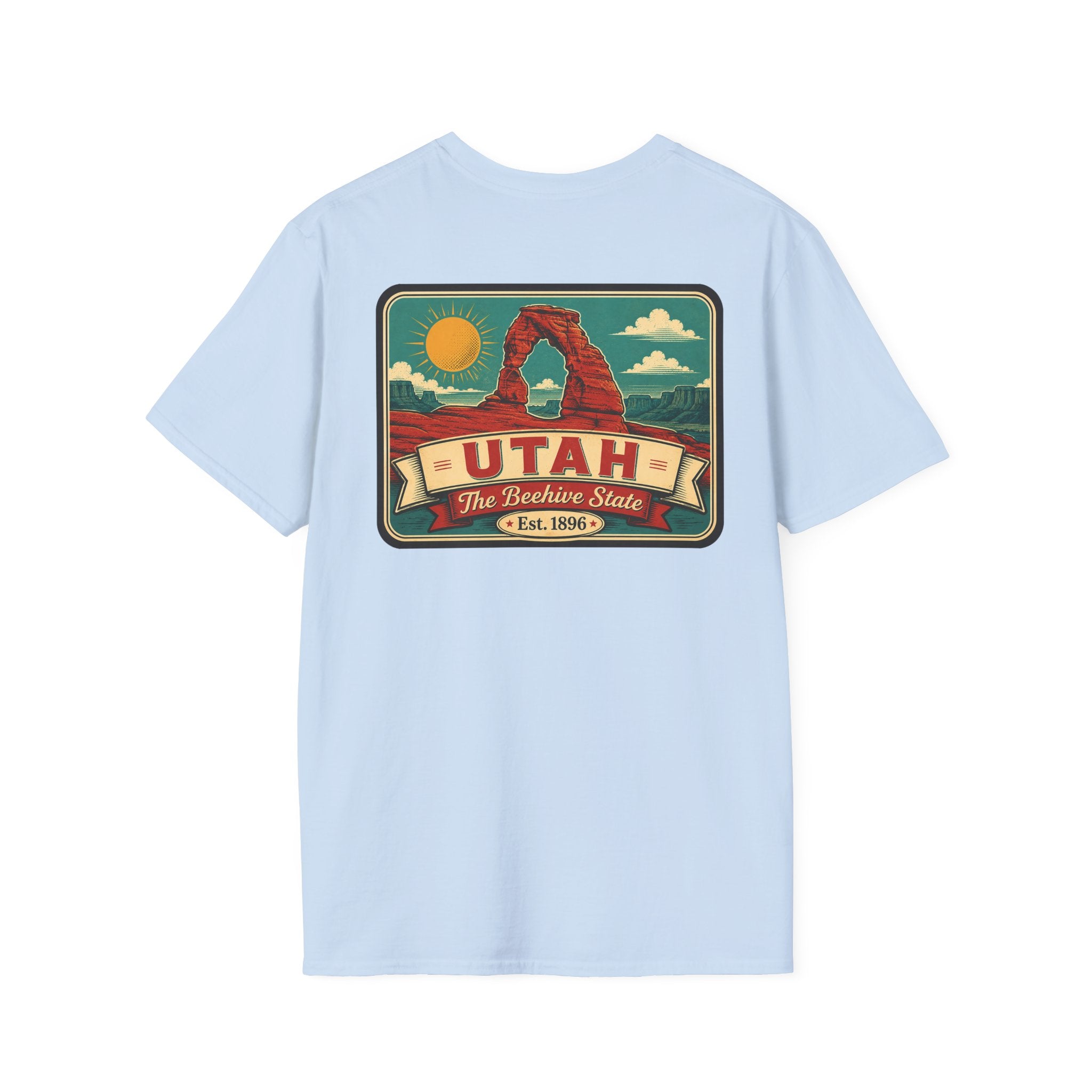 Light blue crewneck T-shirt with Utah travel badge graphic on the front