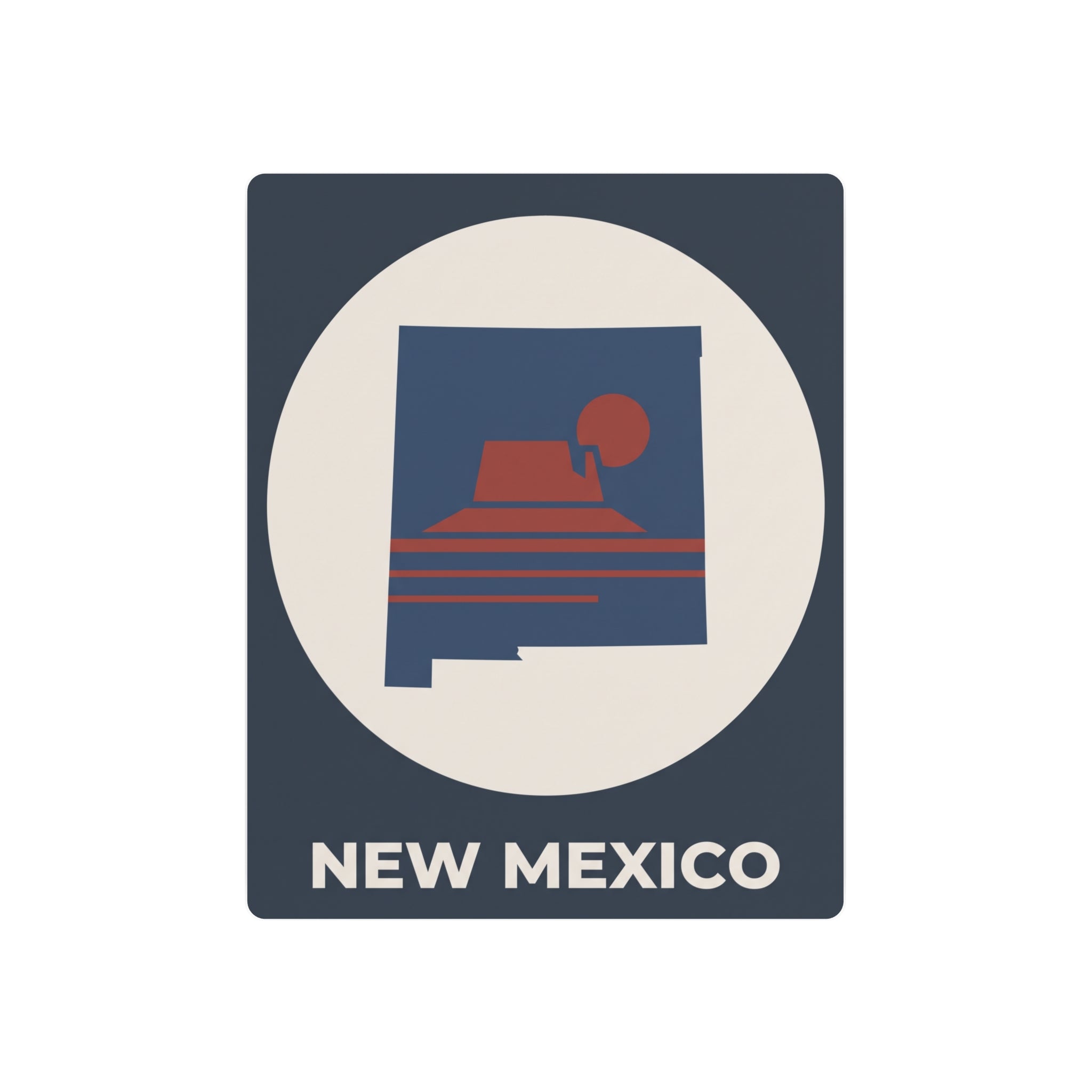 New Mexico metal silhouette wall sign with white oval, red sun graphic, and “NEW MEXICO” text