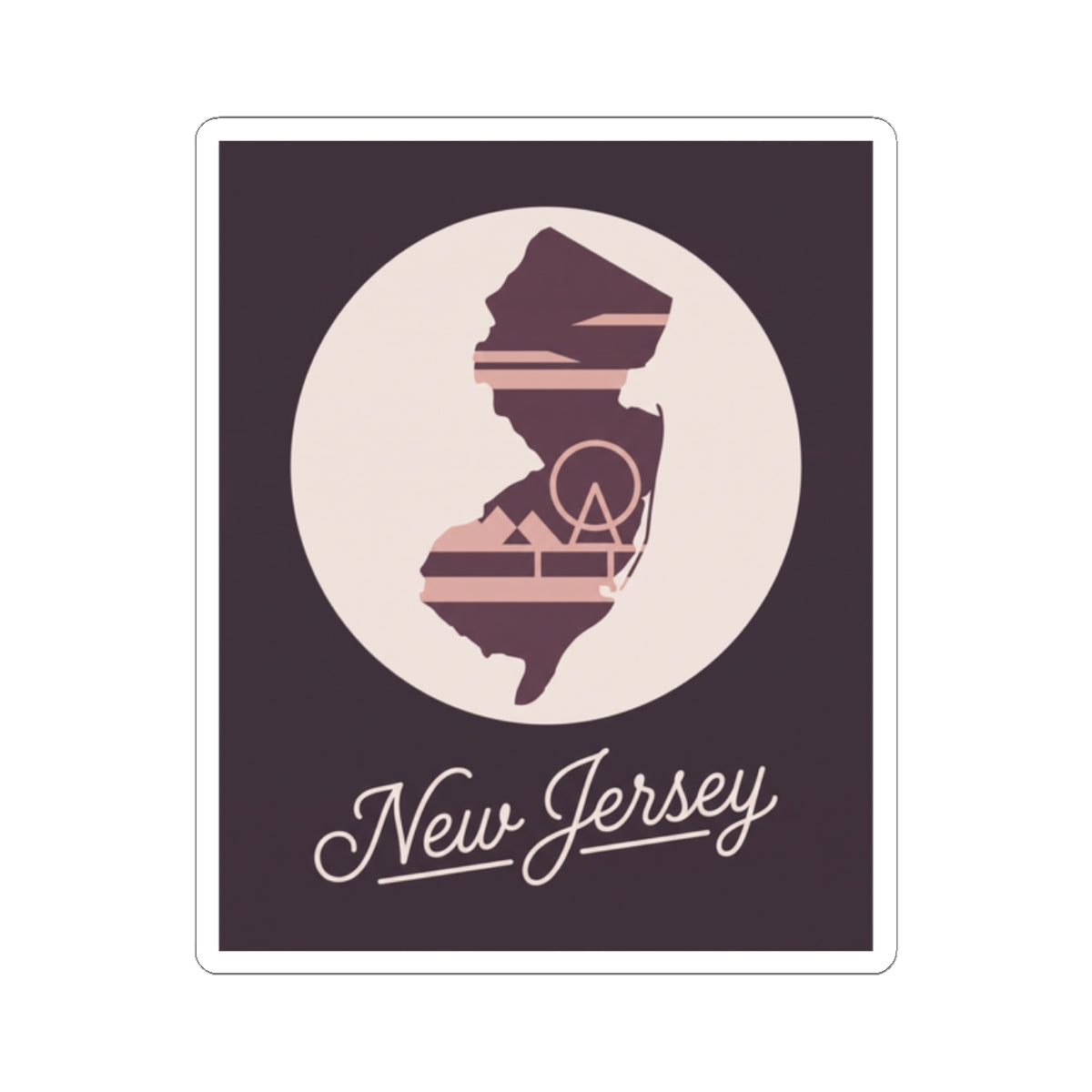 Square New Jersey silhouette kiss-cut decal with “New Jersey” script on a dark background