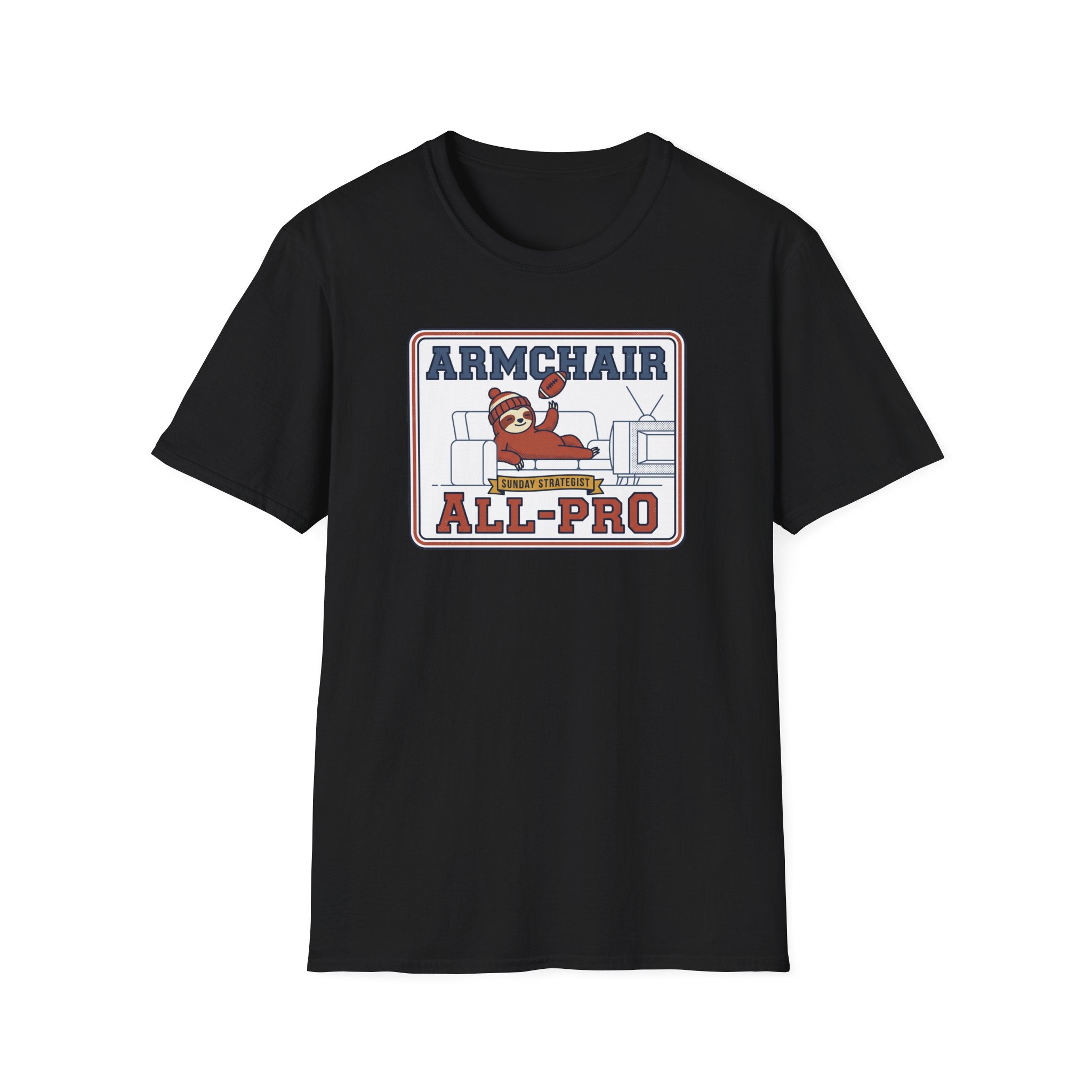 Black crewneck graphic t-shirt with sloth mascot and "ALL-PRO" text