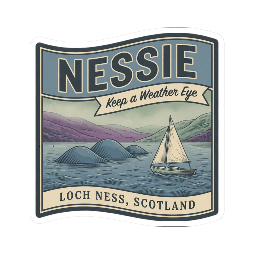 Square Loch Ness Scotland sticker with Nessie, sailboat, and “Keep a Weather Eye” banner