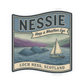 Square Loch Ness Scotland sticker with Nessie, sailboat, and “Keep a Weather Eye” banner