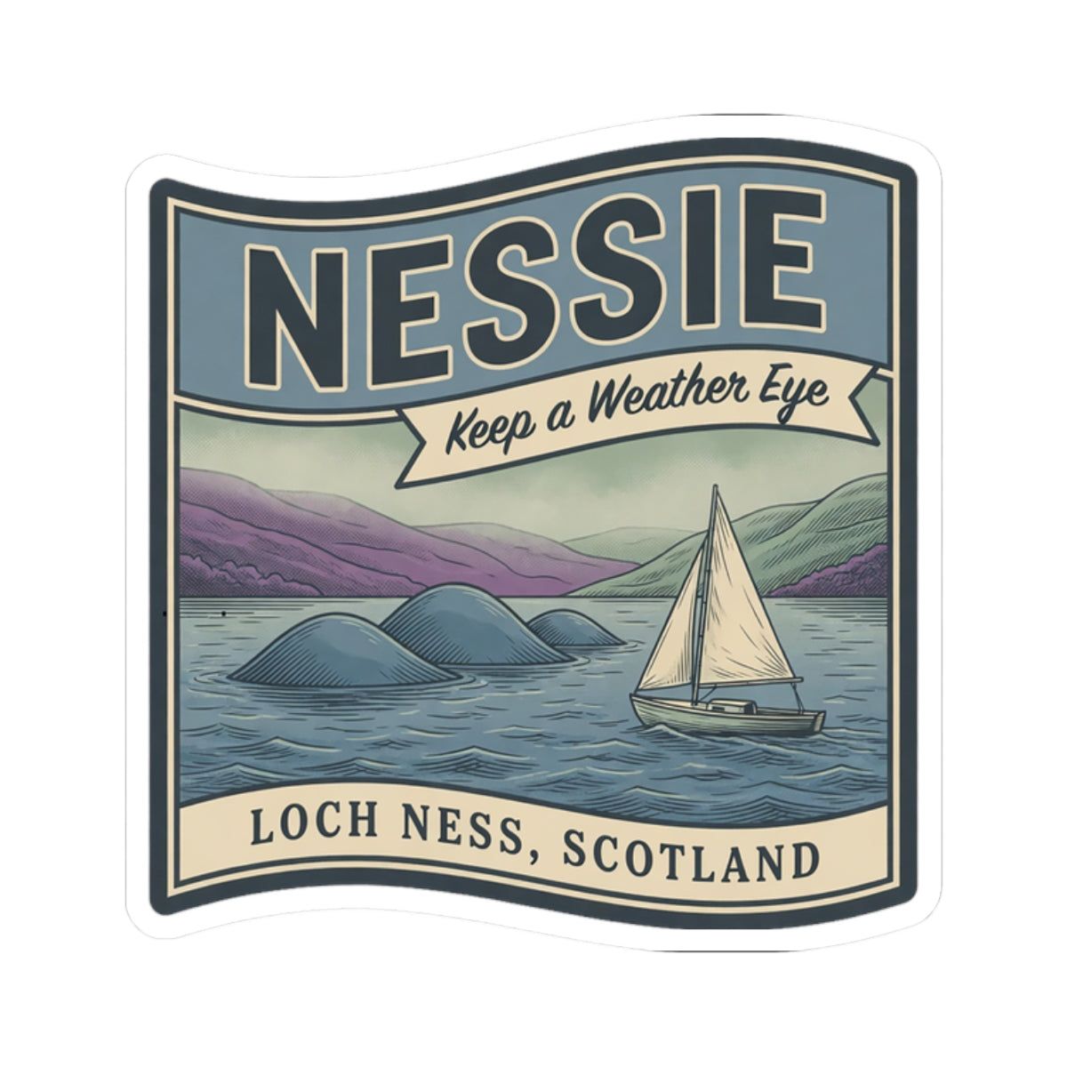 Square Loch Ness Scotland sticker with Nessie, sailboat, and “Keep a Weather Eye” banner