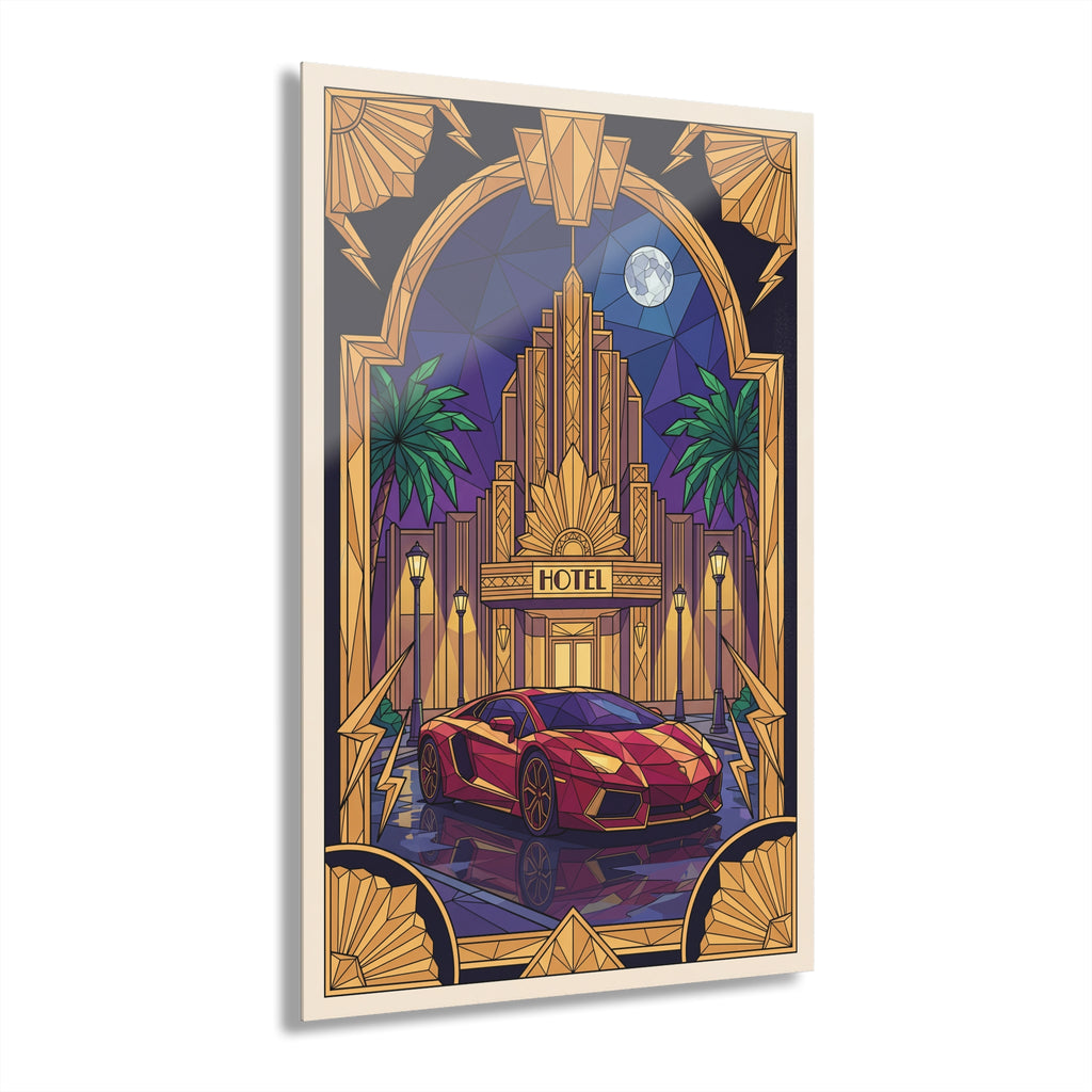 Framed acrylic wall art with red sports car, palm trees, and gold HOTEL arch