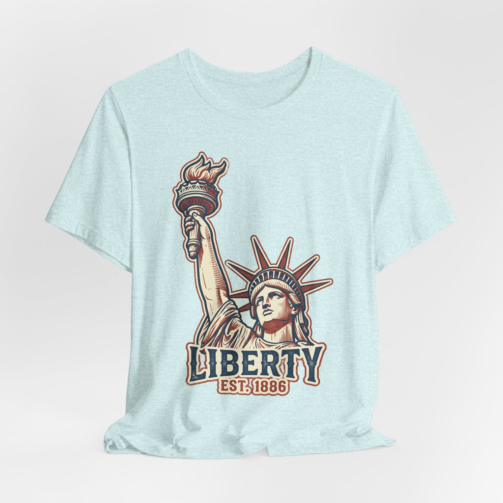 Light blue graphic T-shirt with Statue of Liberty, "LIBERTY" and "EST.1886"