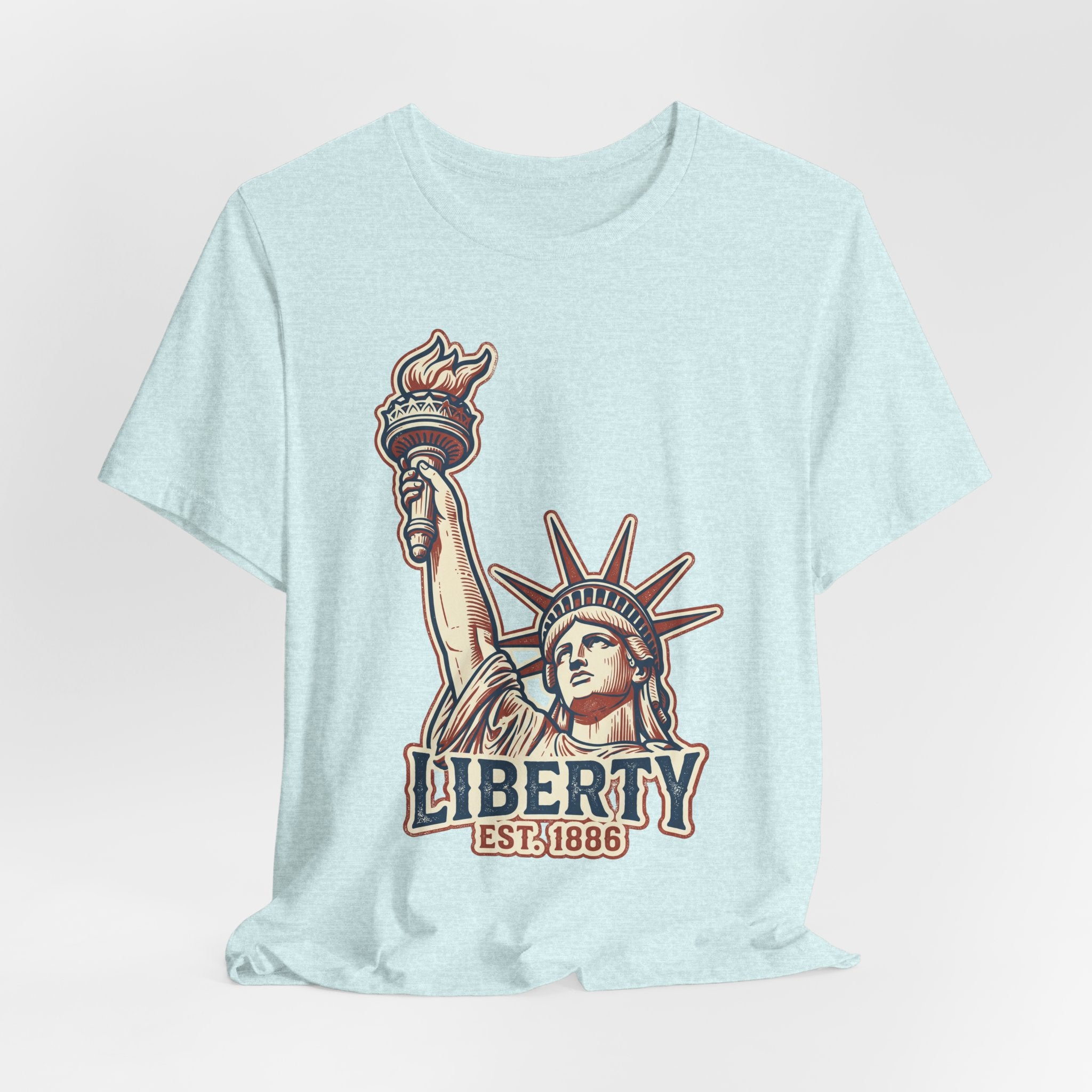 Light blue graphic T-shirt with Statue of Liberty, "LIBERTY" and "EST.1886"