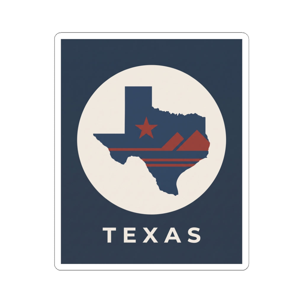 Texas state map badge sticker with circular cream background, star, stripes, and TEXAS