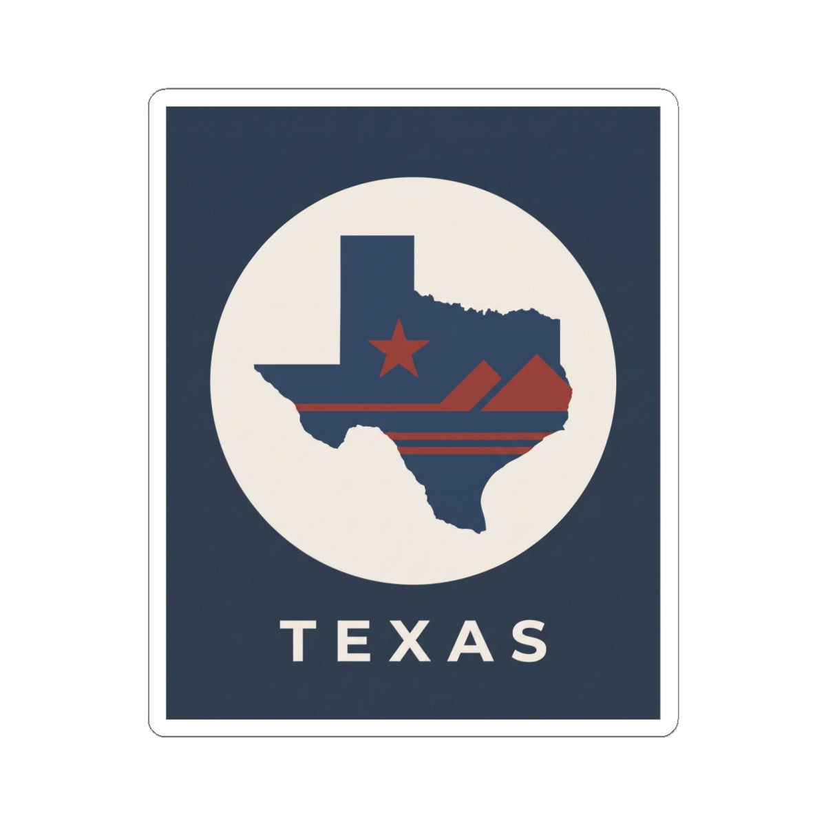 Texas state map badge sticker with circular cream background, star, stripes, and TEXAS