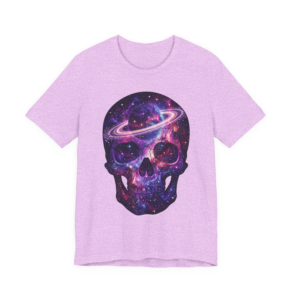 Lilac Galaxy Skull T-Shirt with purple galaxy skull and colorful planet ring print