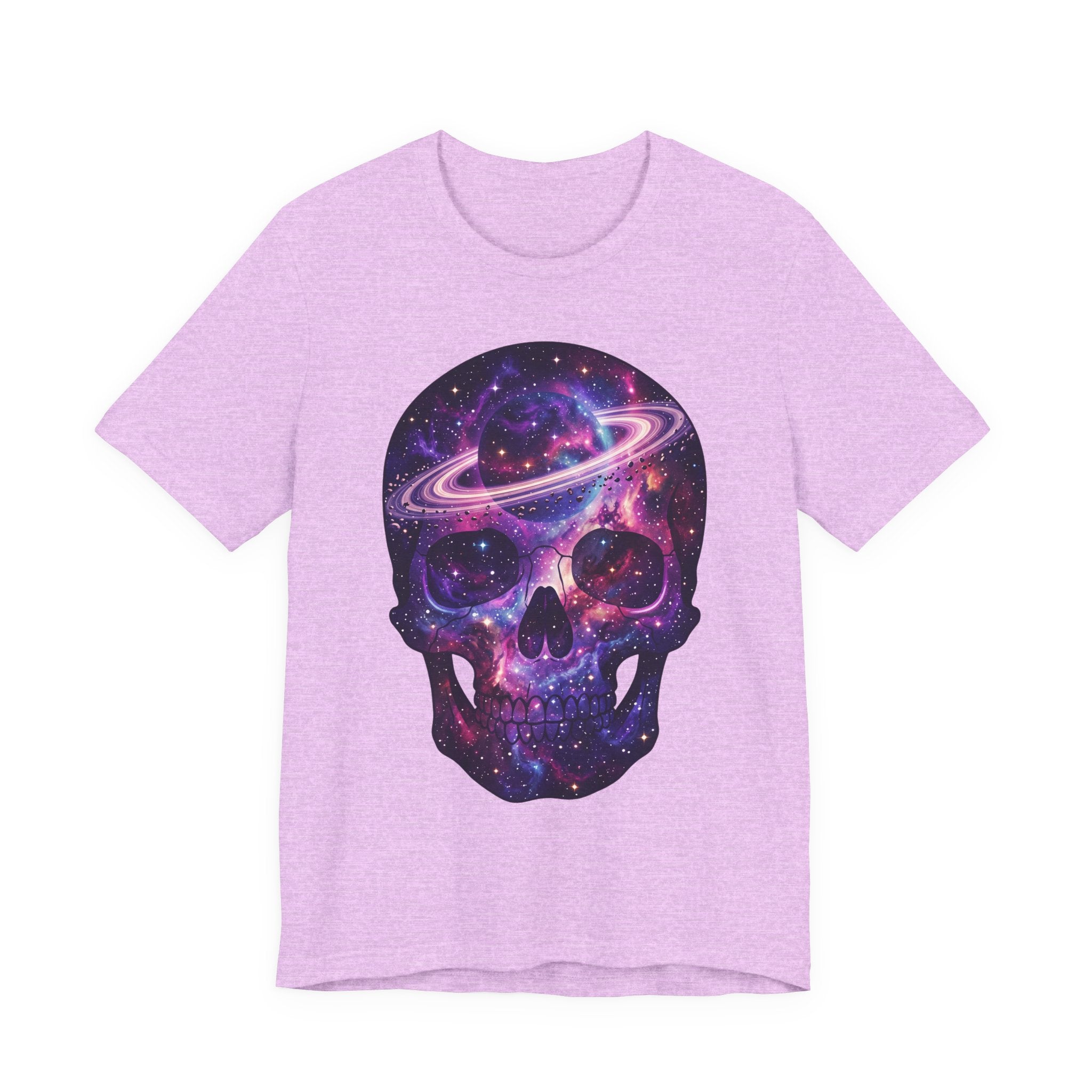 Lilac Galaxy Skull T-Shirt with purple galaxy skull and colorful planet ring print