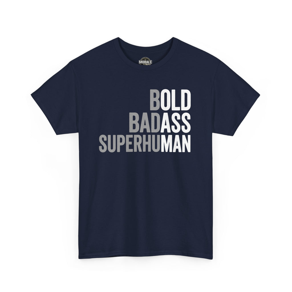 Dark navy crewneck T-shirt with 'BOLD BADASS SUPERHUMAN' front print