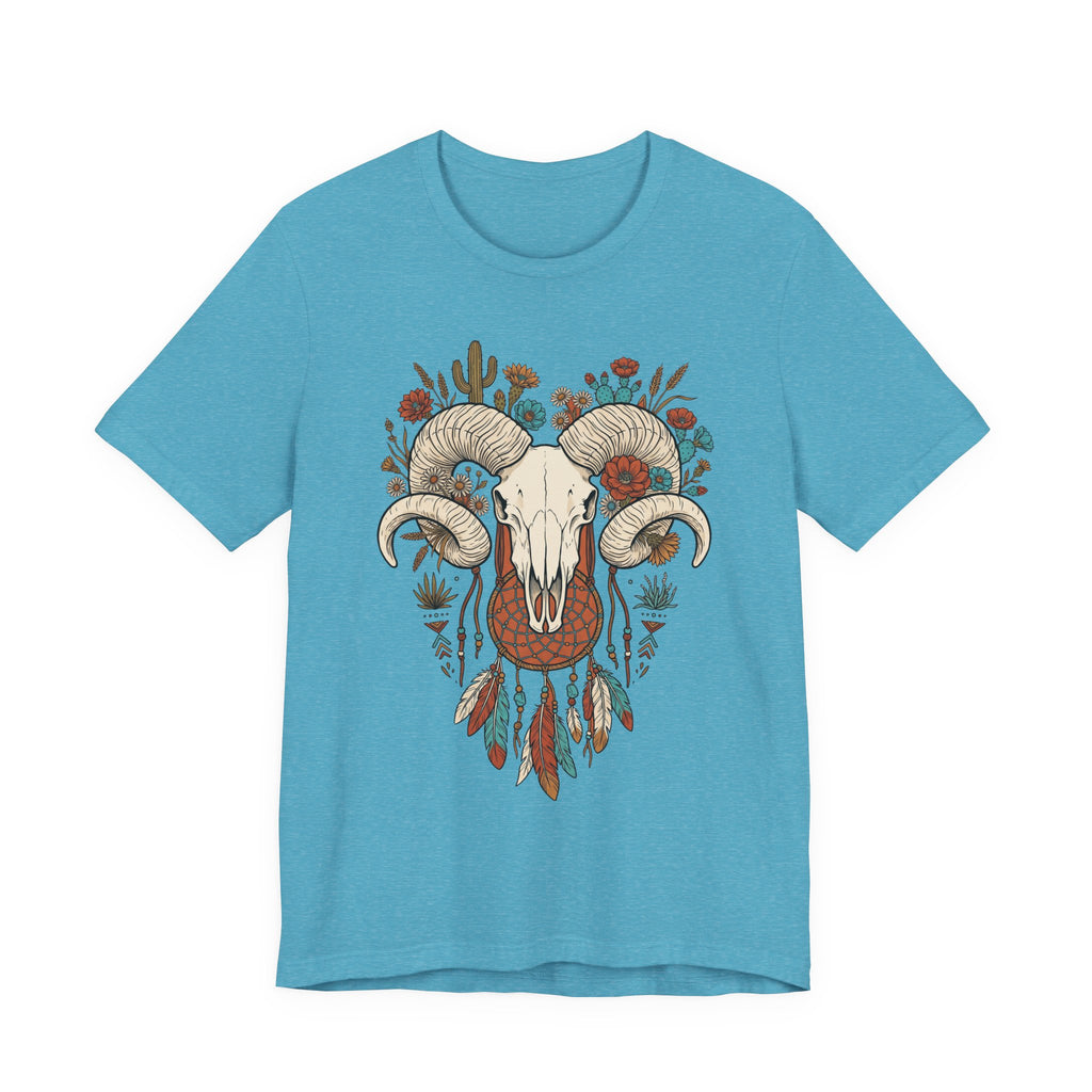 Ram skull with horns graphic T-shirt, medium blue front
