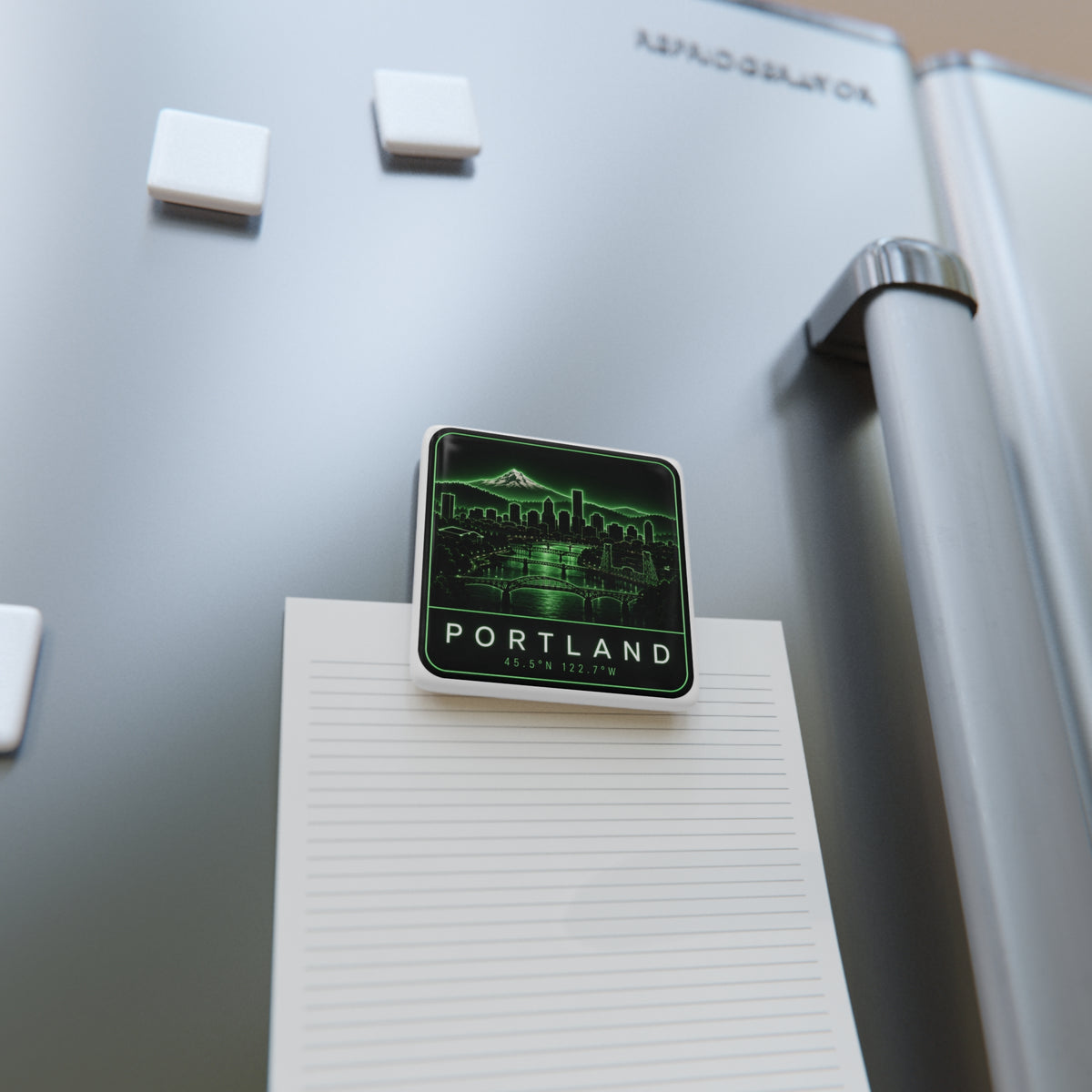 Square magnet with neon green Portland skyline on a paper note sheet