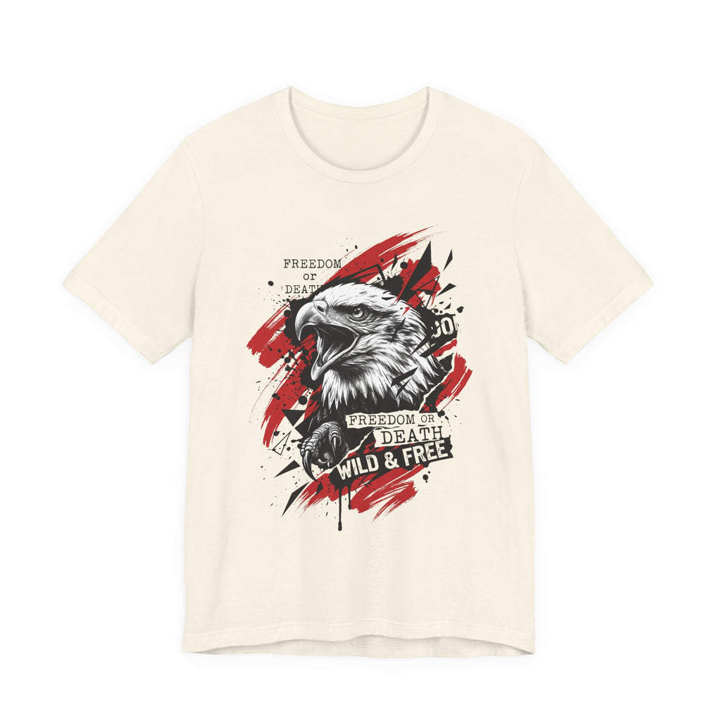 Cream eagle graphic T-shirt with red splatter circle and front eagle head print