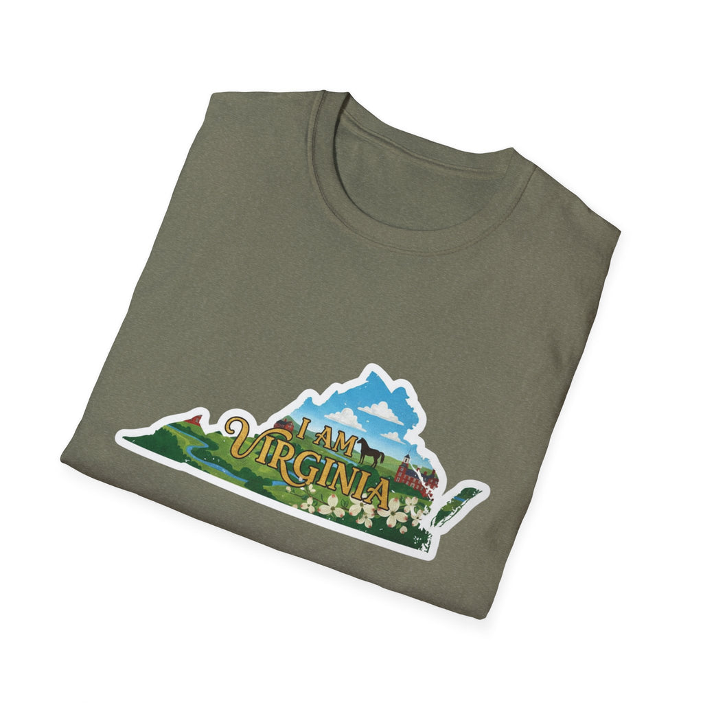 Olive green T-shirt with Virginia scenic landscape graphic