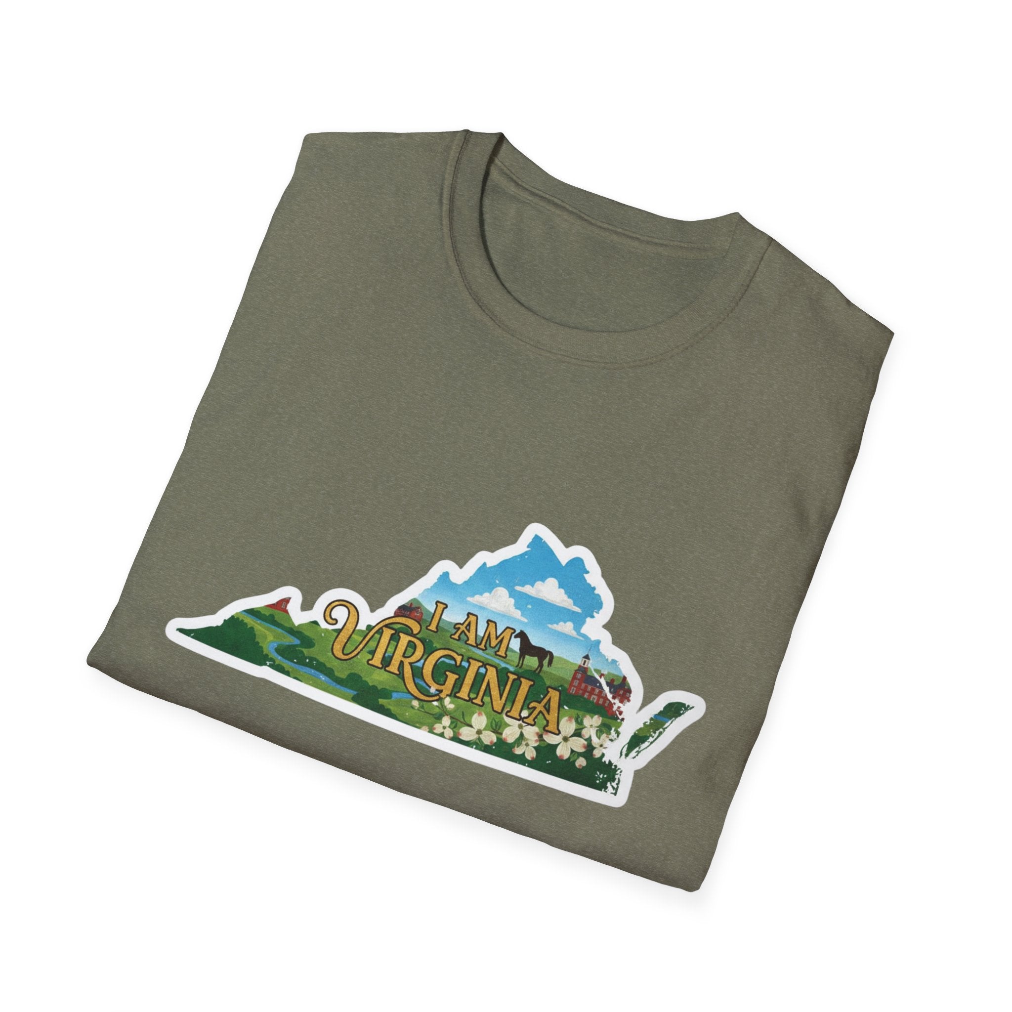 Olive green T-shirt with Virginia scenic landscape graphic