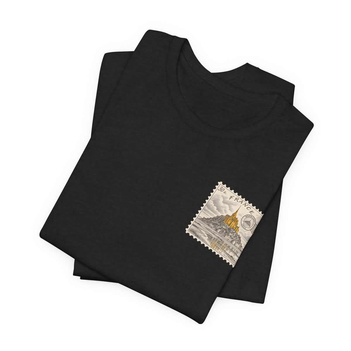 Black crew-neck T-shirt set with small postage stamp graphic on front