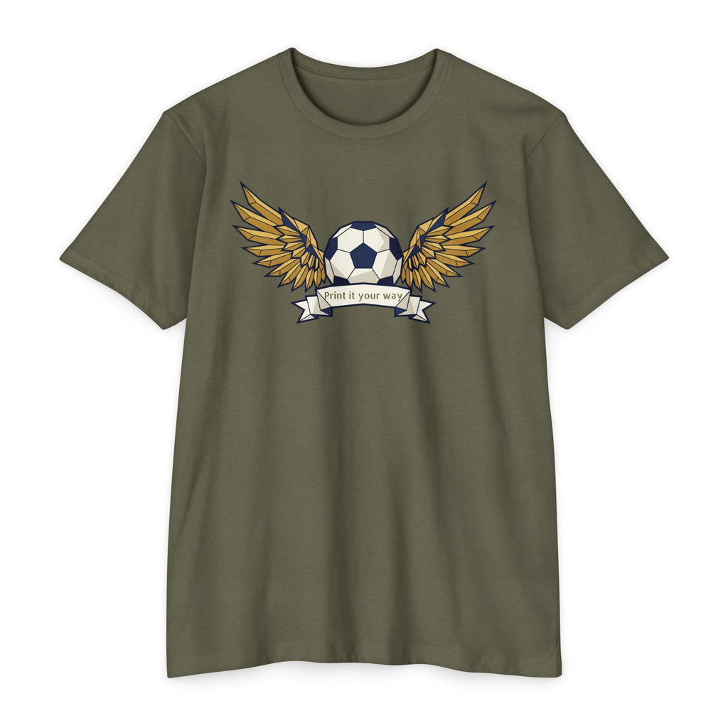 Dark olive unisex soccer T-shirt with winged soccer ball graphic on the chest