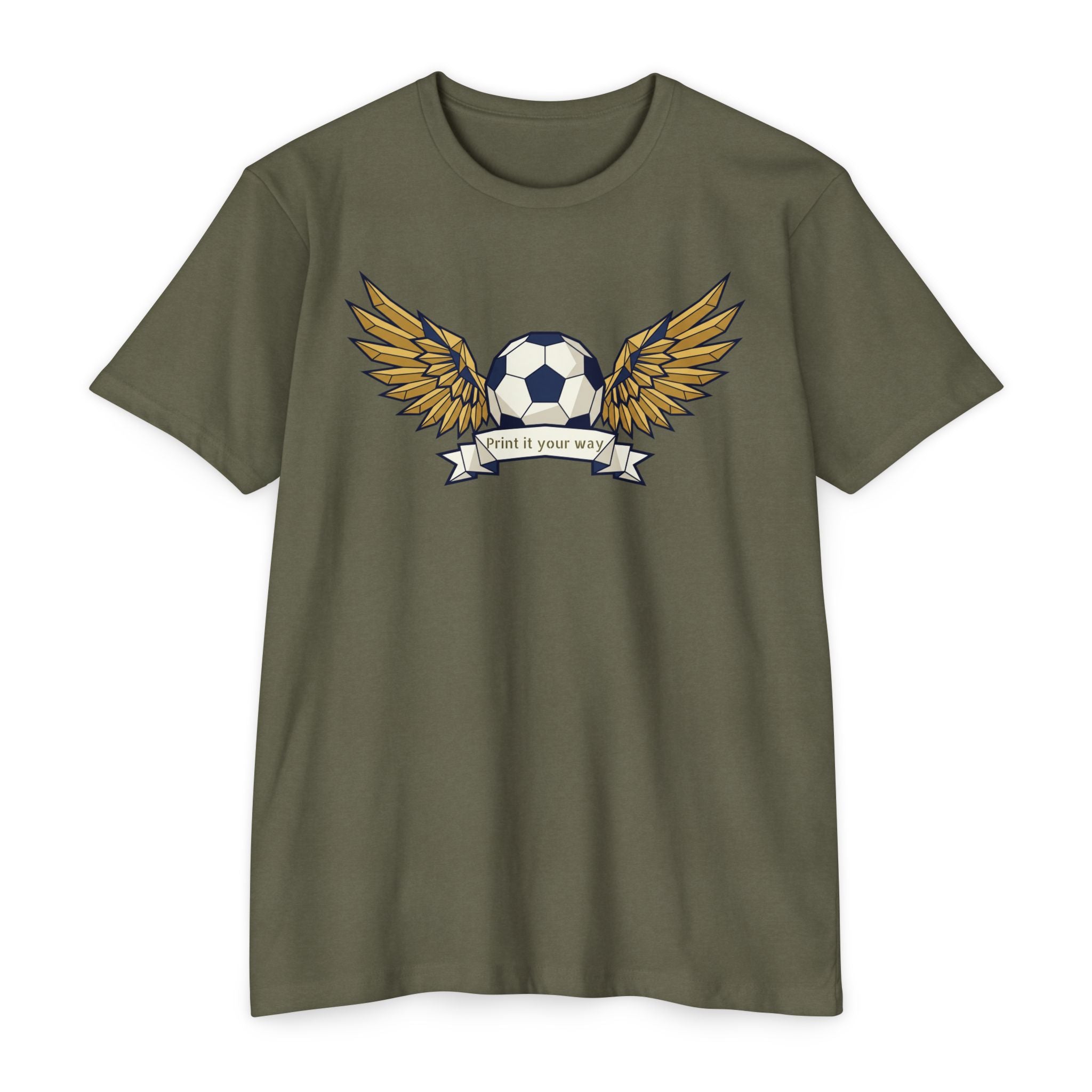 Dark olive unisex soccer T-shirt with winged soccer ball graphic on the chest