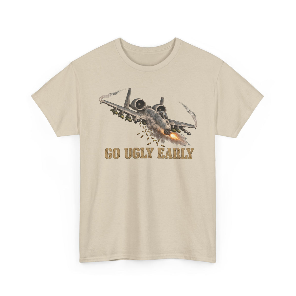 Beige jet attack graphic T-shirt with “Go Ugly Early” text and aircraft illustration.