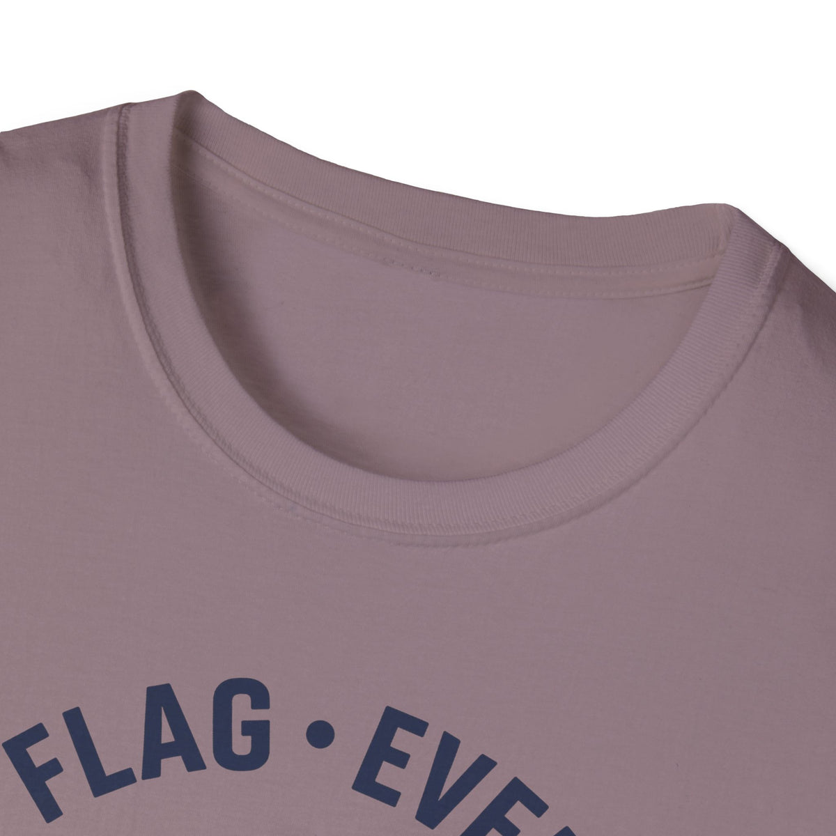 Mauve crew-neck t-shirt with partial "FLAG EVERY ERA" print on chest