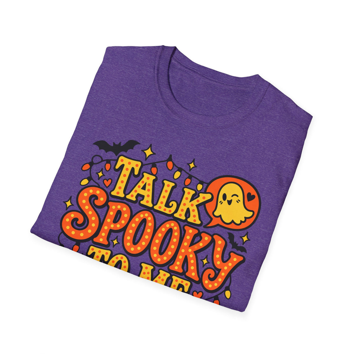 Purple Halloween t-shirt with colorful 'Talk Spooky' ghost graphic