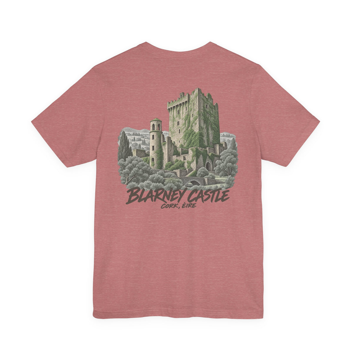 Dusty rose crewneck t-shirt with large Blarney Castle graphic across chest