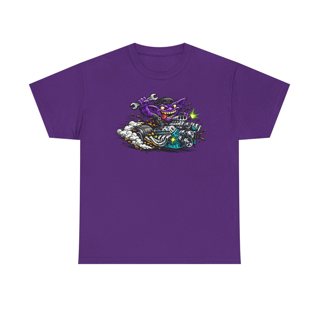 Purple T-shirt with grinning cat biker motorcycle graphic