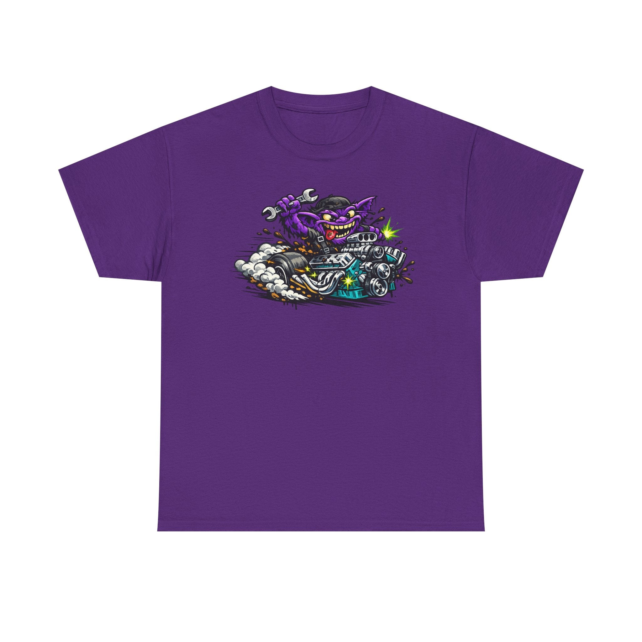 Purple T-shirt with grinning cat biker motorcycle graphic