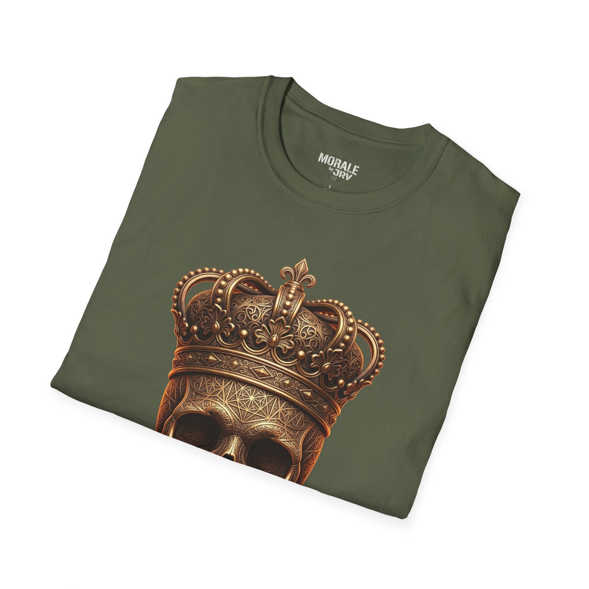 Crowned Skull T-Shirt with gold royal crown skull graphic, military green