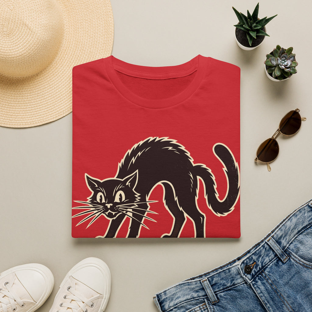 Red crew-neck cat illustration T-shirt with black Halloween cat graphic on front.