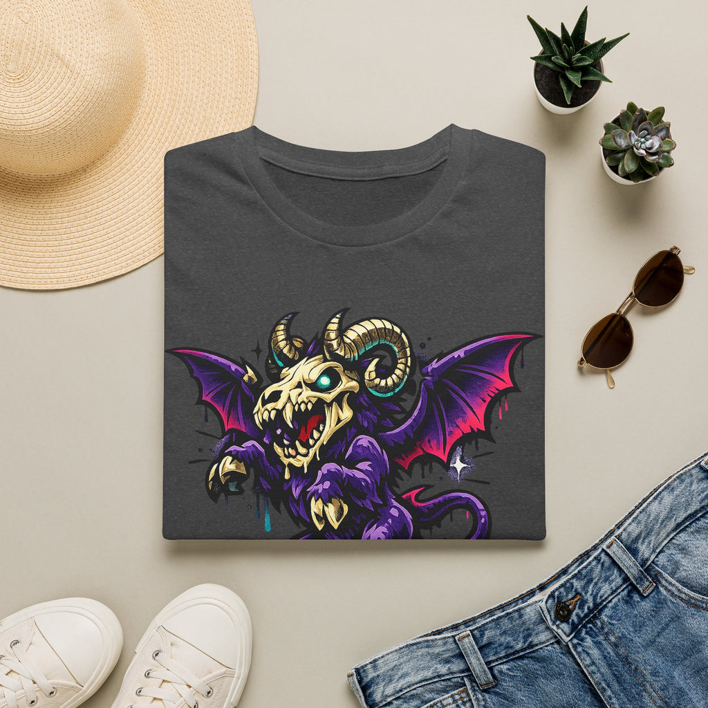 Dark heather gray gothic monster T-shirt with purple bat-skull ram creature graphic