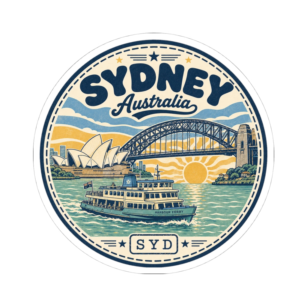 Circular travel decal with Sydney Australia text, Sydney Harbour Bridge, and ferry