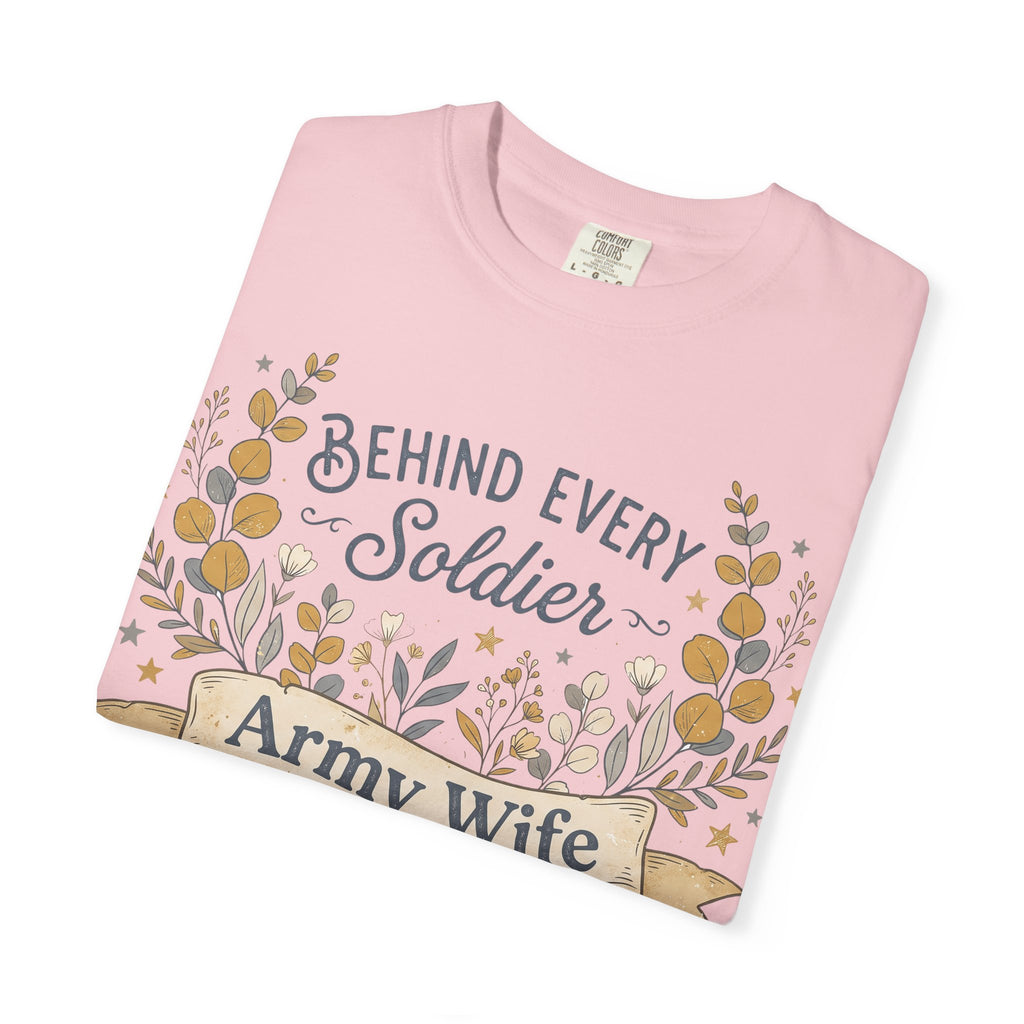 Lavender crew-neck T-shirt with floral wreath and “Army Wife” banner