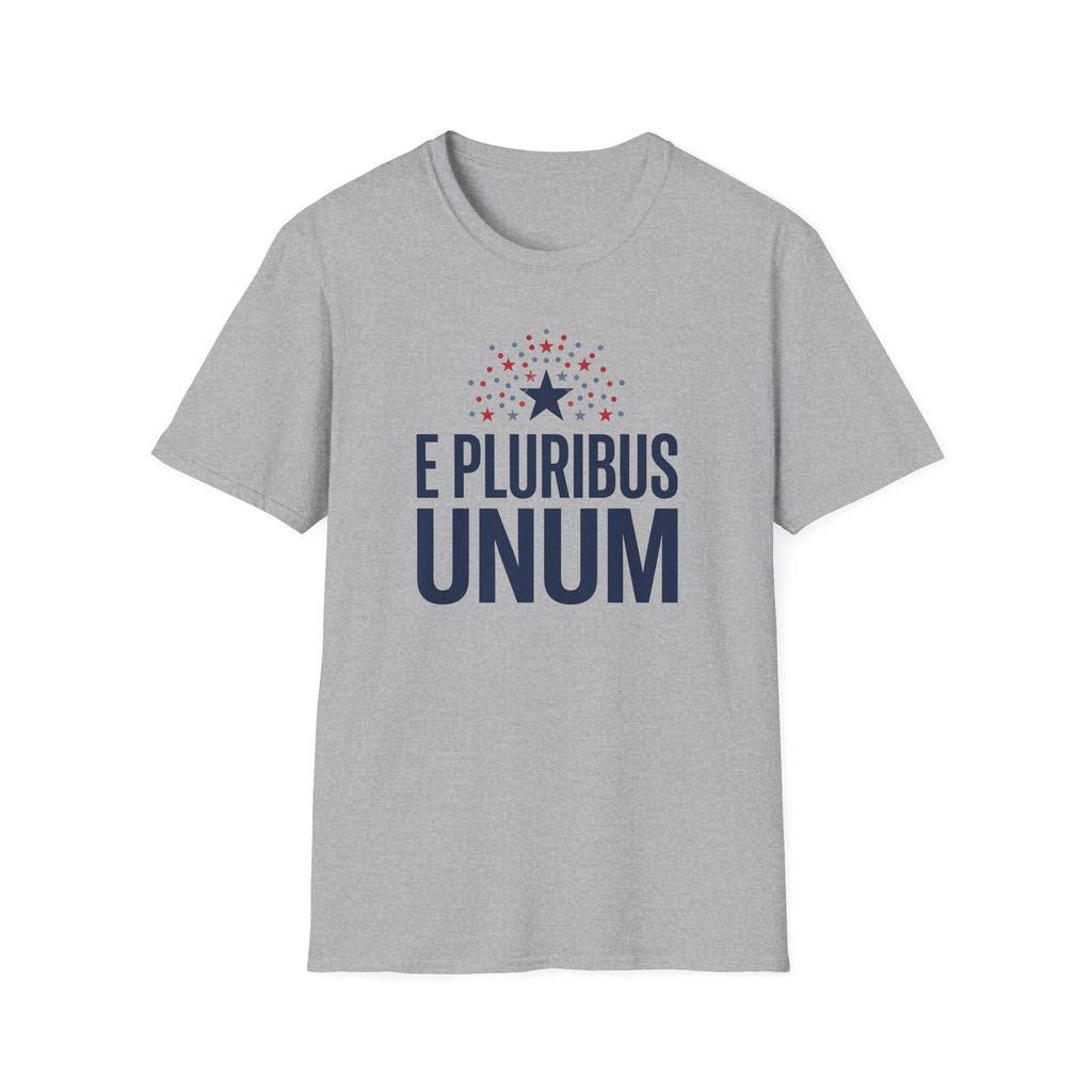Sport grey crew-neck graphic T-shirt with starburst and 'E Pluribus Unum' lettering