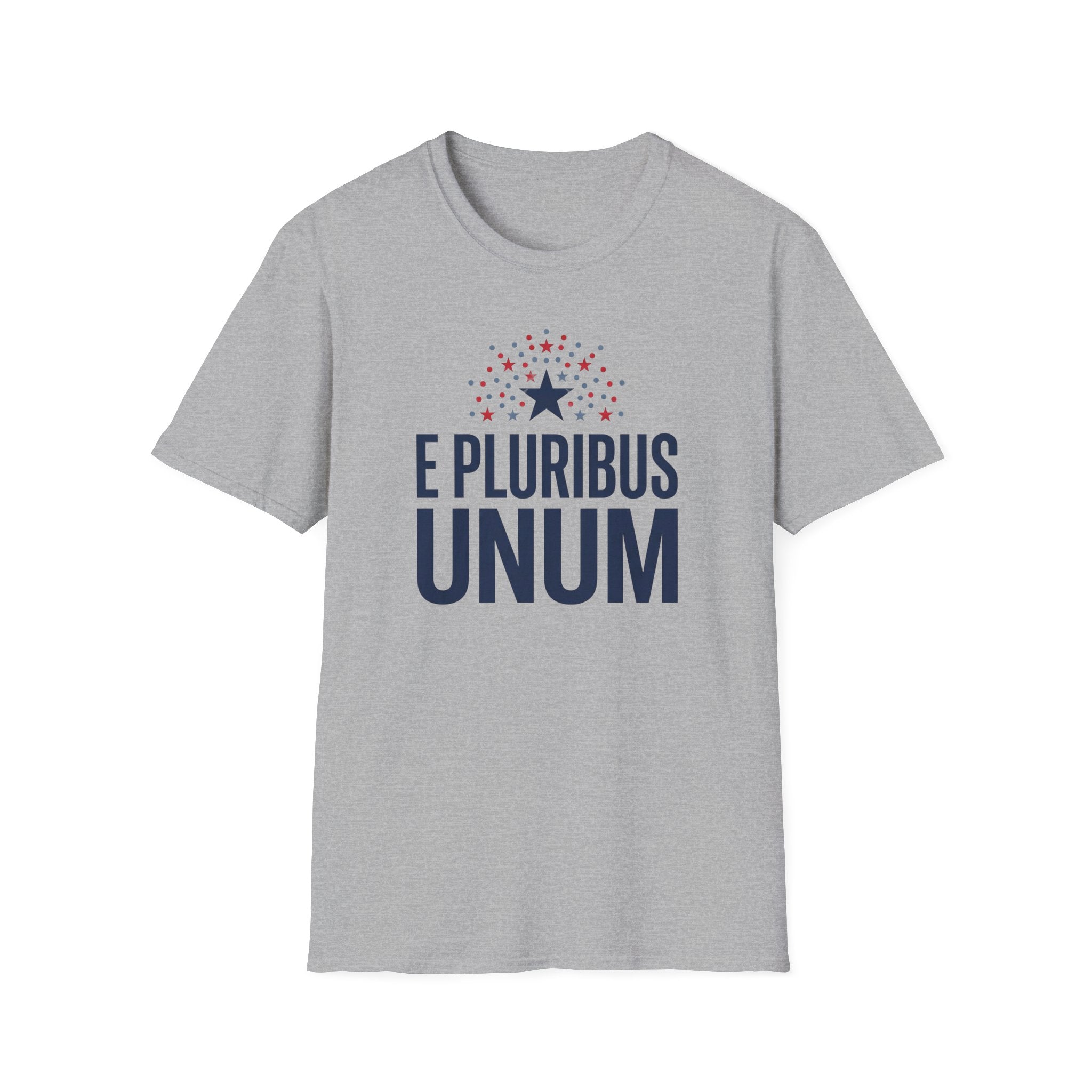 Sport grey crew-neck graphic T-shirt with starburst and 'E Pluribus Unum' lettering