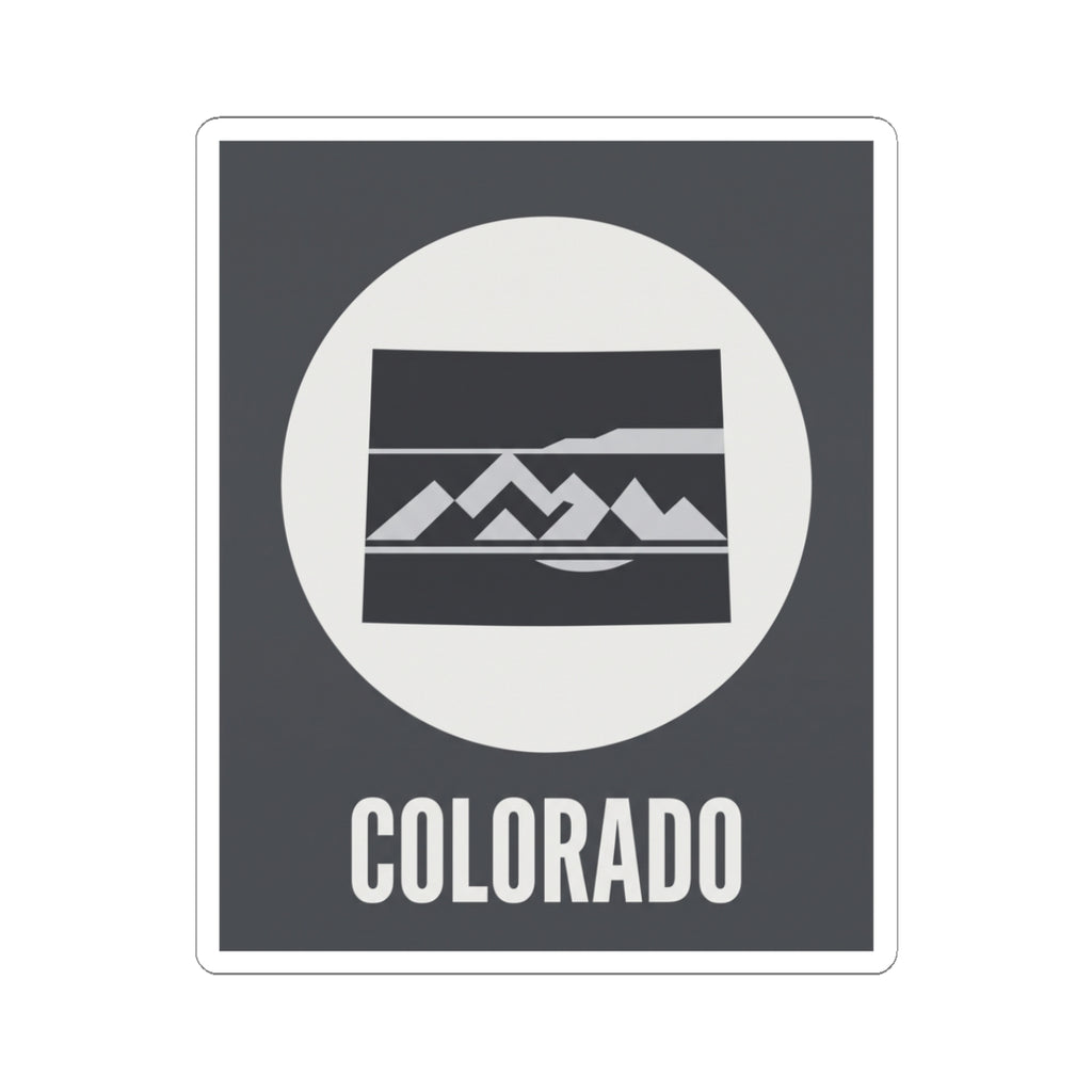 Colorado badge sticker with dark rectangle, white circle border, mountain graphic, and COLORADO text