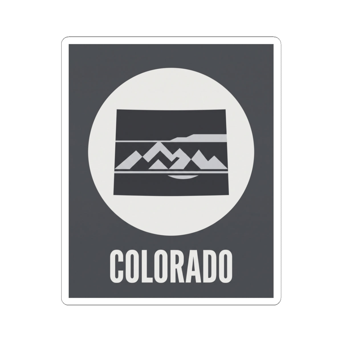 Colorado badge sticker with dark rectangle, white circle border, mountain graphic, and COLORADO text