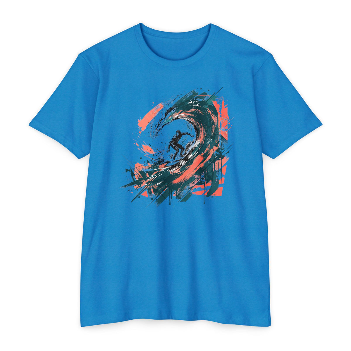 Teal blue graphic t-shirt with abstract surfer wave paintbrush artwork on chest