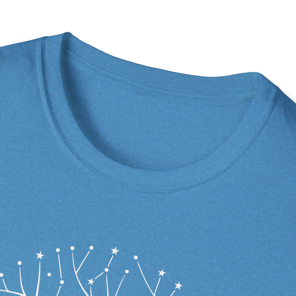 Blue T-shirt neckline close-up with white star-and-branch graphic edge