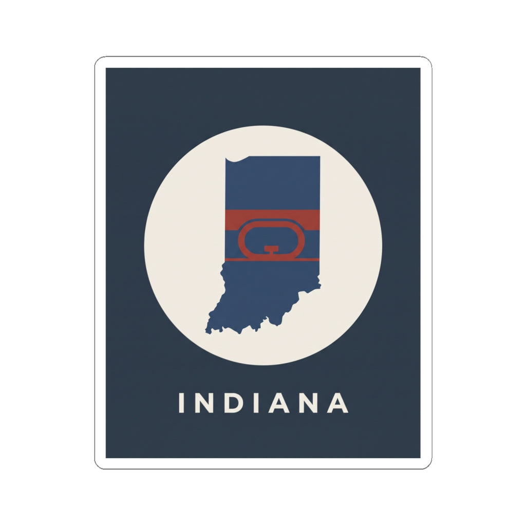Indiana state map flag kiss-cut sticker, blue map over red stripe motif