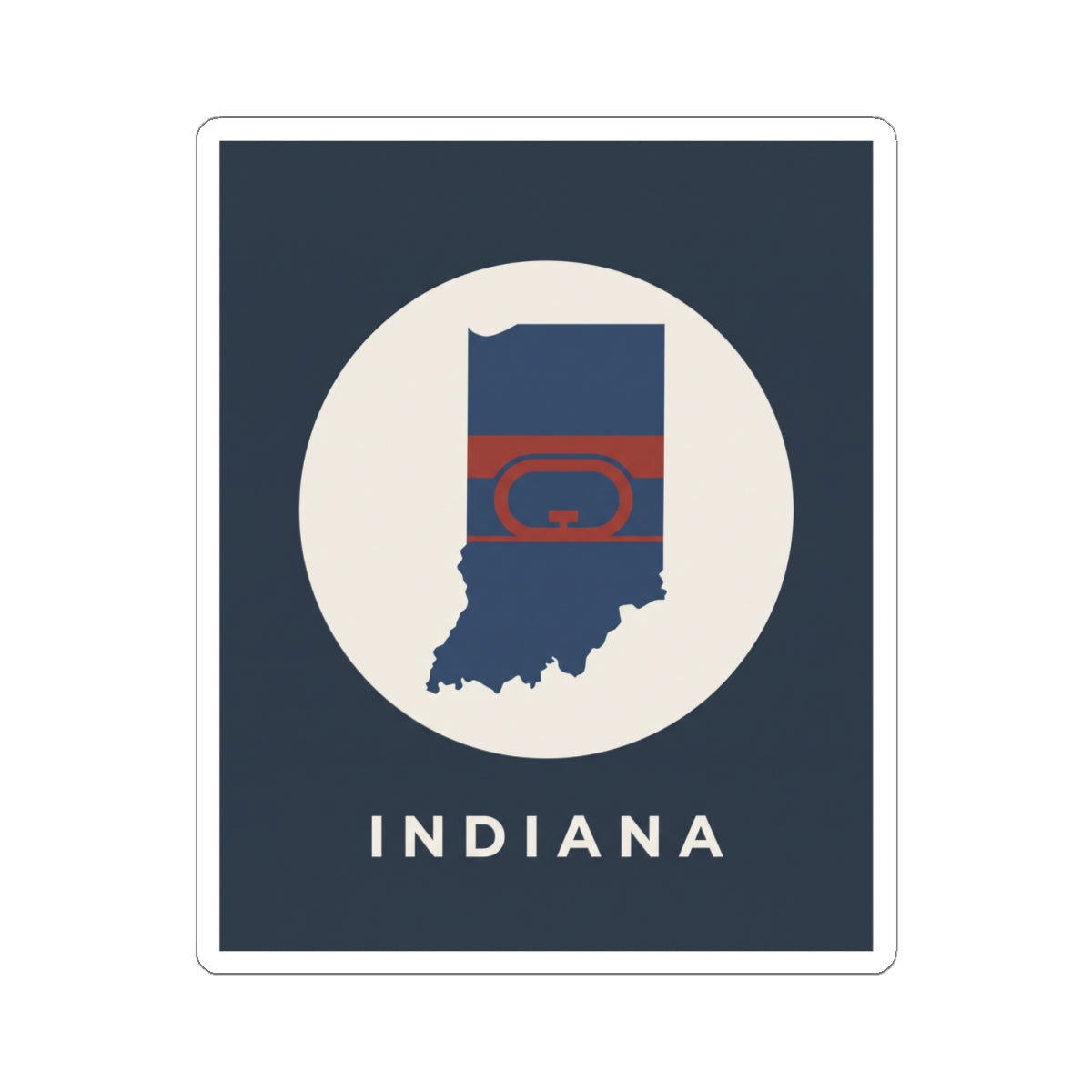 Indiana state map flag kiss-cut sticker, blue map over red stripe motif