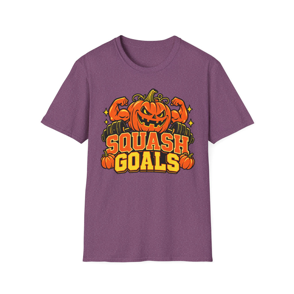Purple Halloween gym t-shirt with jack-o-lantern graphic and “SQUASH GOALS” text