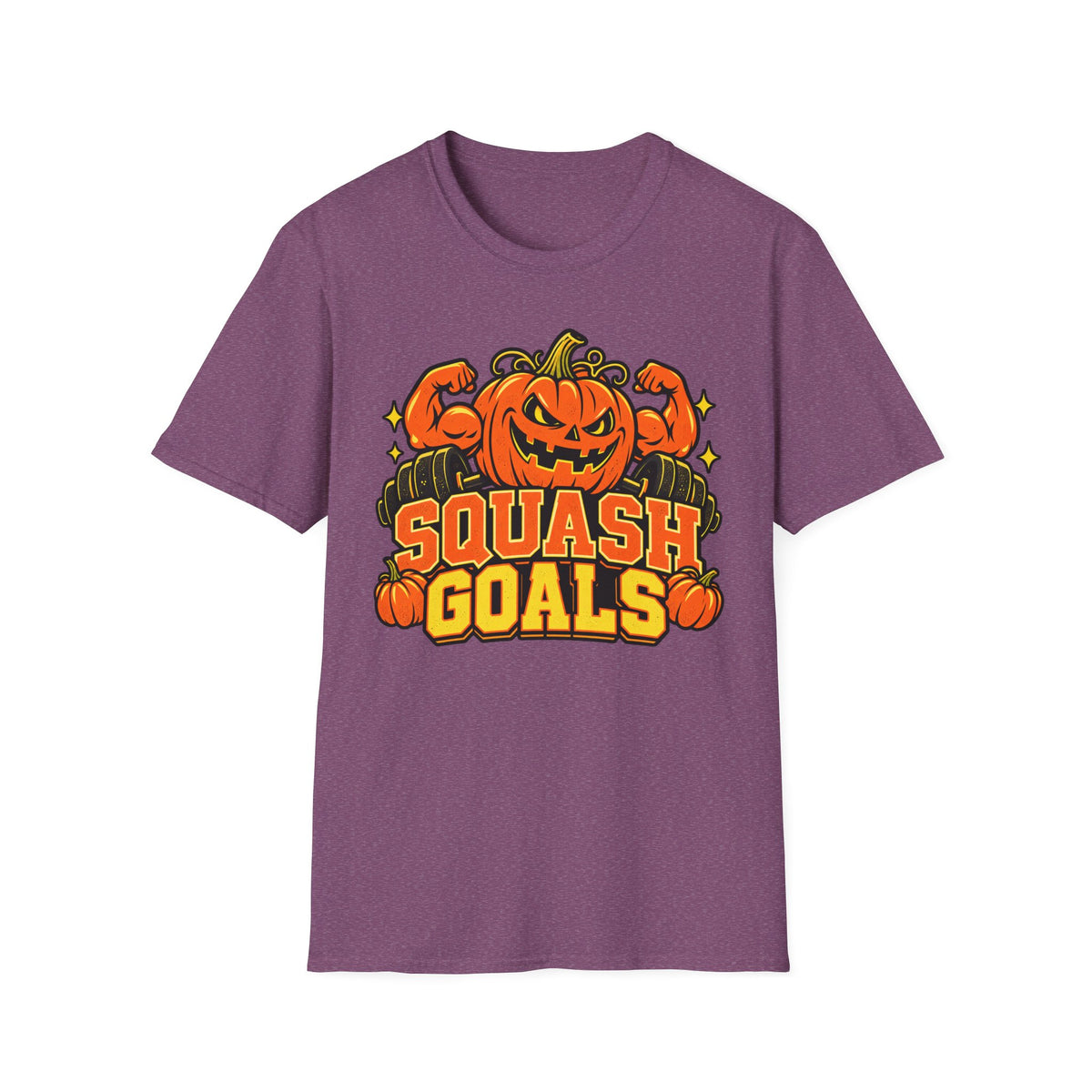 Purple Halloween gym t-shirt with jack-o-lantern graphic and “SQUASH GOALS” text
