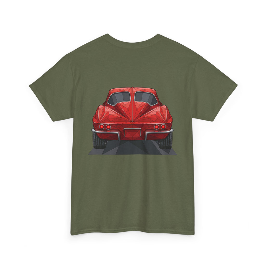 Graphic sports coupe T-shirt in military green, rear view car print