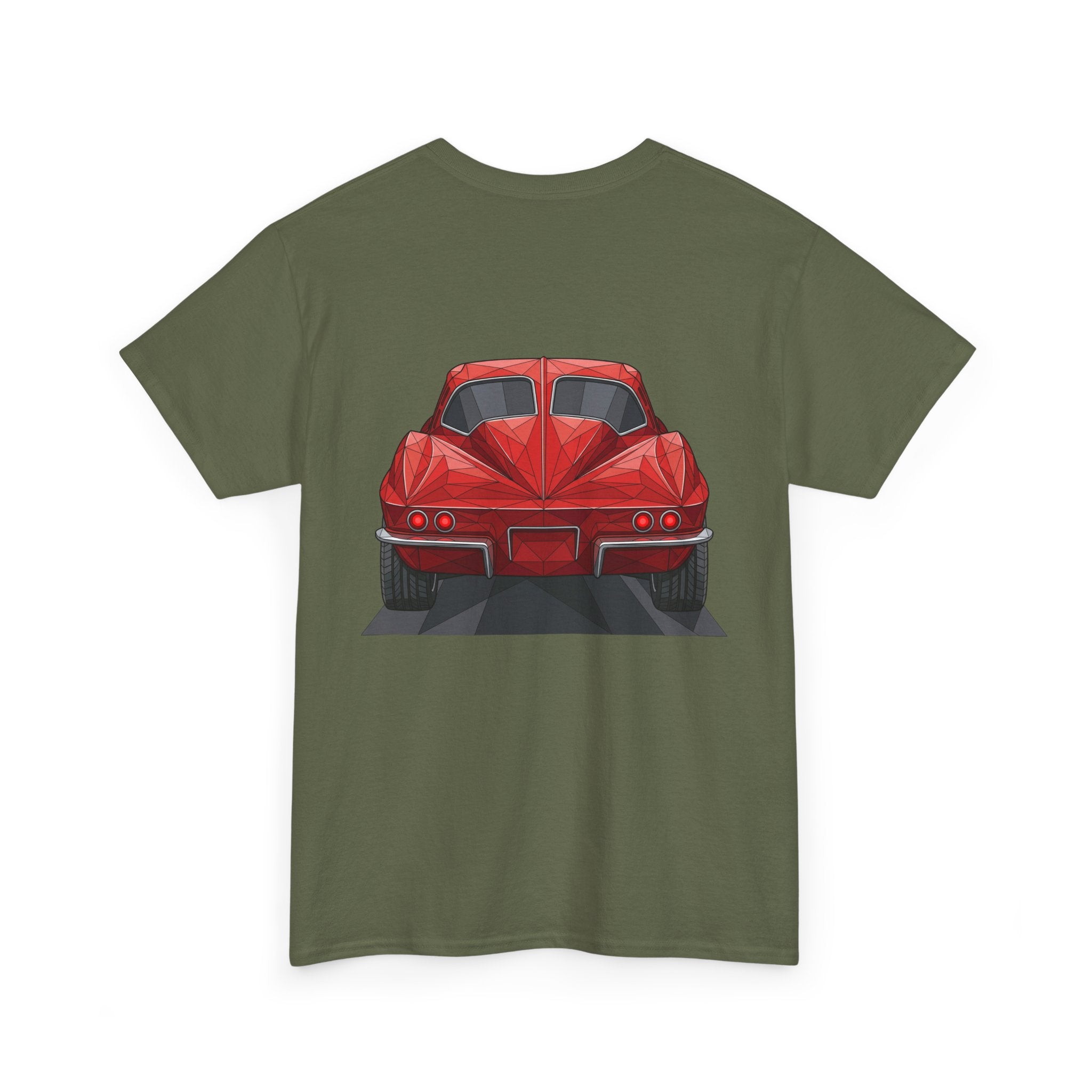 Graphic sports coupe T-shirt in military green, rear view car print